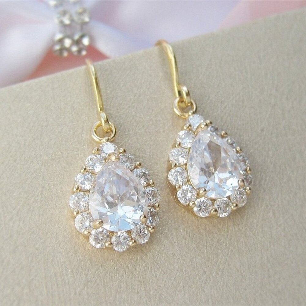 Gold CZ Diamond Earrings Teardrop Pierced Dangle Pear Cut Halo NWT Nadri Style